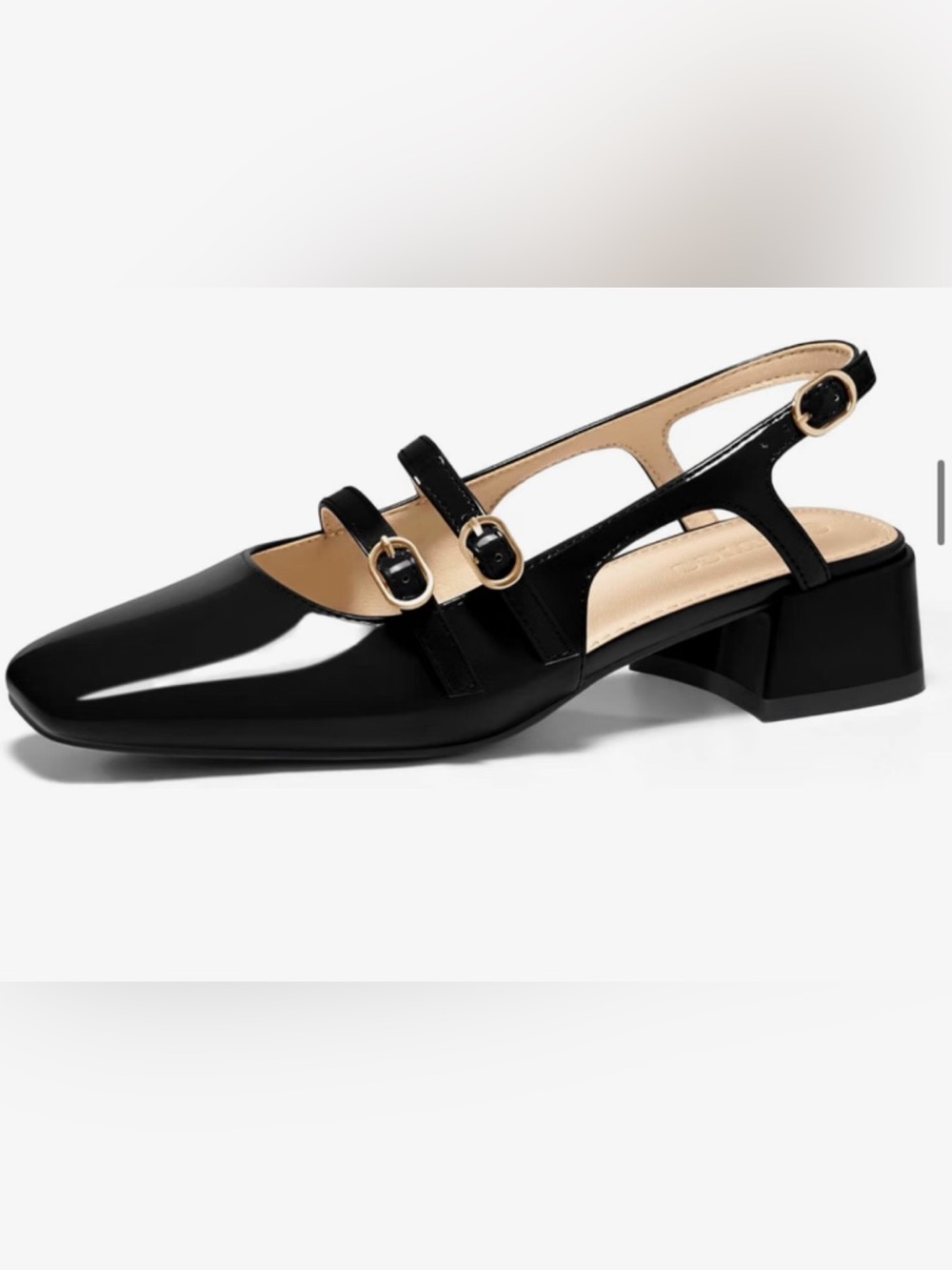 Black Patent Slingback Flats with Double Buckle Straps